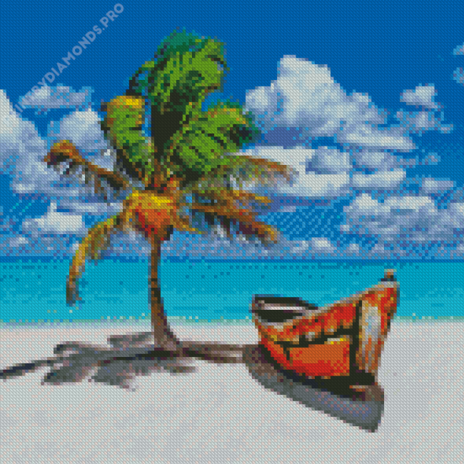 Palm Boat Beach Diamond Painting