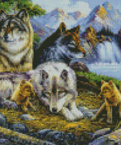 Wolves And Whelps By Waterfall Art With Diamond Painting