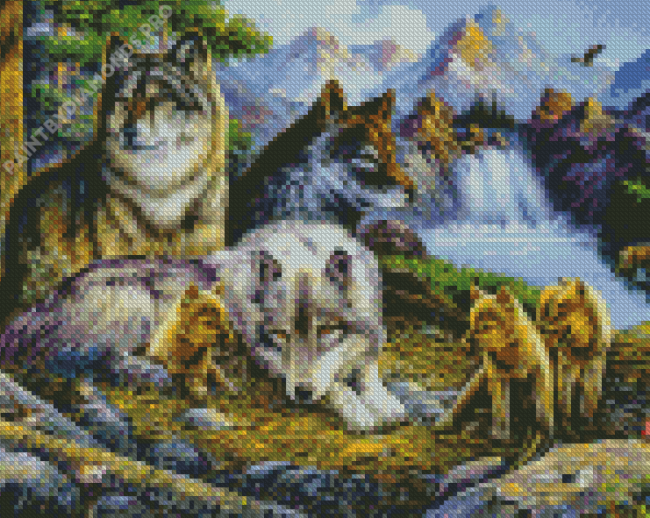 Wolves And Whelps By Waterfall Art With Diamond Painting