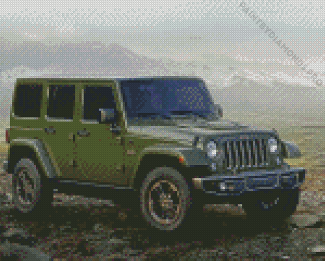 Dark Green jeep in Mountain Diamond Painting