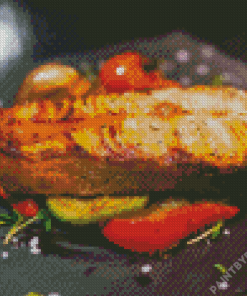 Grilled King Salmon Fish With Vegetables Diamond Painting