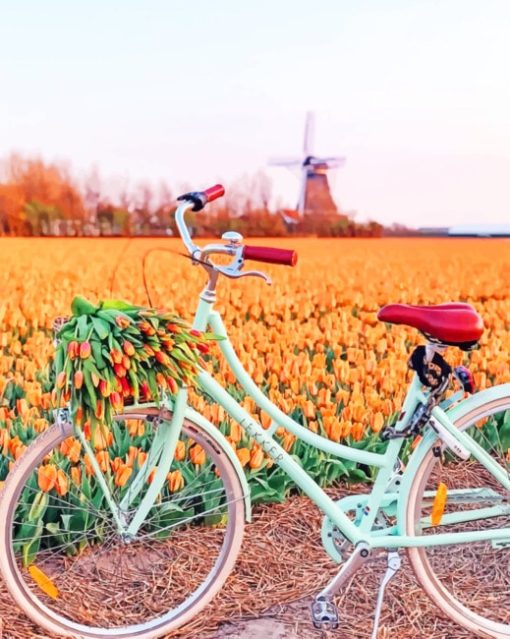 Bike In Orange Tulips Field Diamond Painting