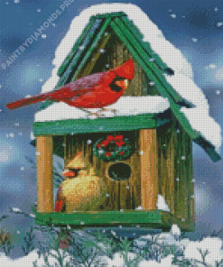 Cardinals In Snow House Diamond Painting