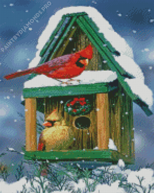 Cardinals In Snow House Diamond Painting