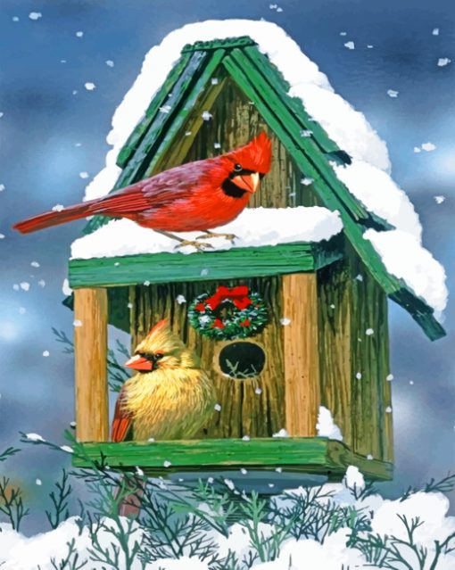 Cardinals In Snow House Diamond Painting