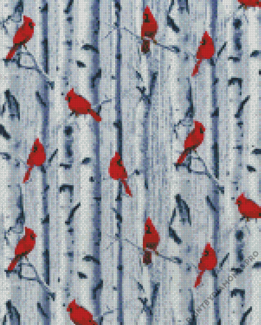 Cardinals On White Birches Diamond Painting