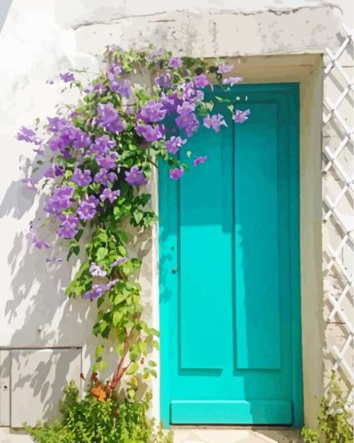 Blue Flowery Door Diamond Painting