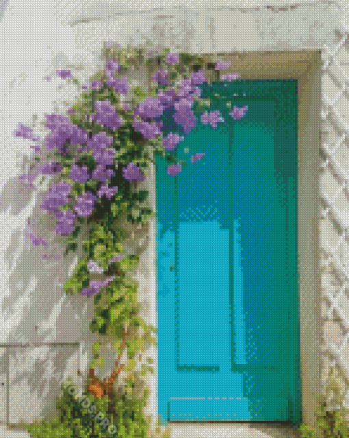 Blue Flowery Door Diamond Painting